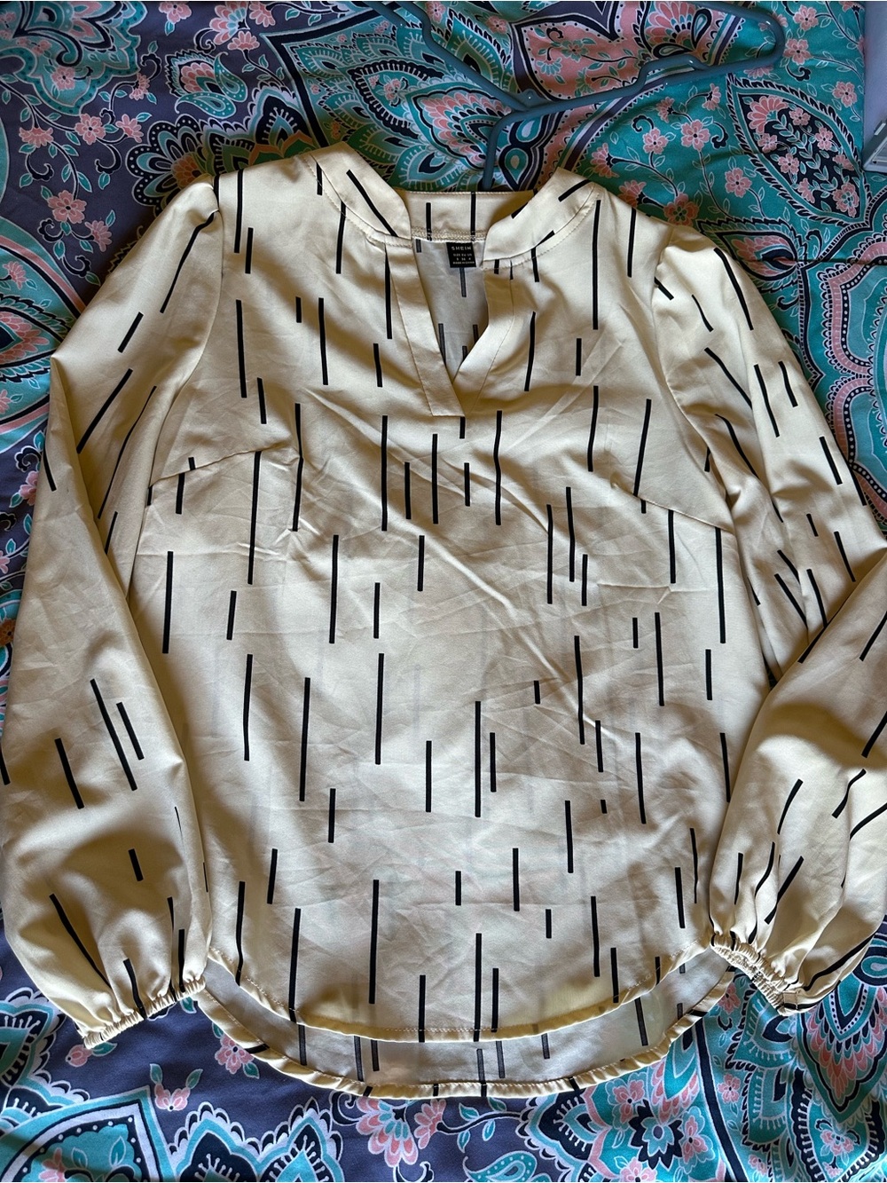 SHEIN Cream Long-Sleeve Notch-Neck Blouse with Black Stripe Accents